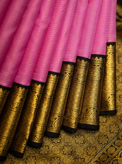 Taffy Pink and Black Korvai Vairaoosi Stripes Pure Kanjivaram Silk Sari - Clio Silks