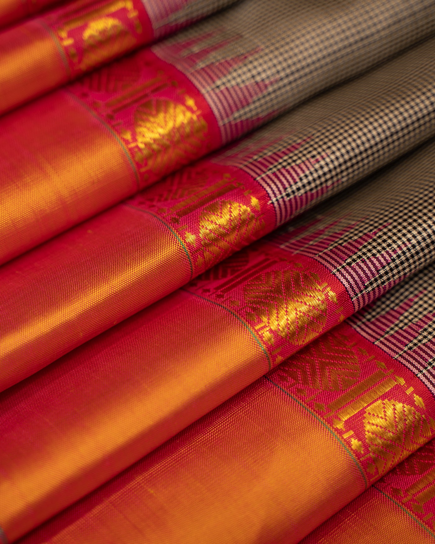Black White Checks and Rust Orange Korvai Kanjivaram Pure Silk Sari - Clio Silks