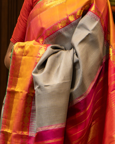Black and Rust Orange Podikattam Rettai Pettu Pure Kanjivaram Silk Sari - Clio Silks