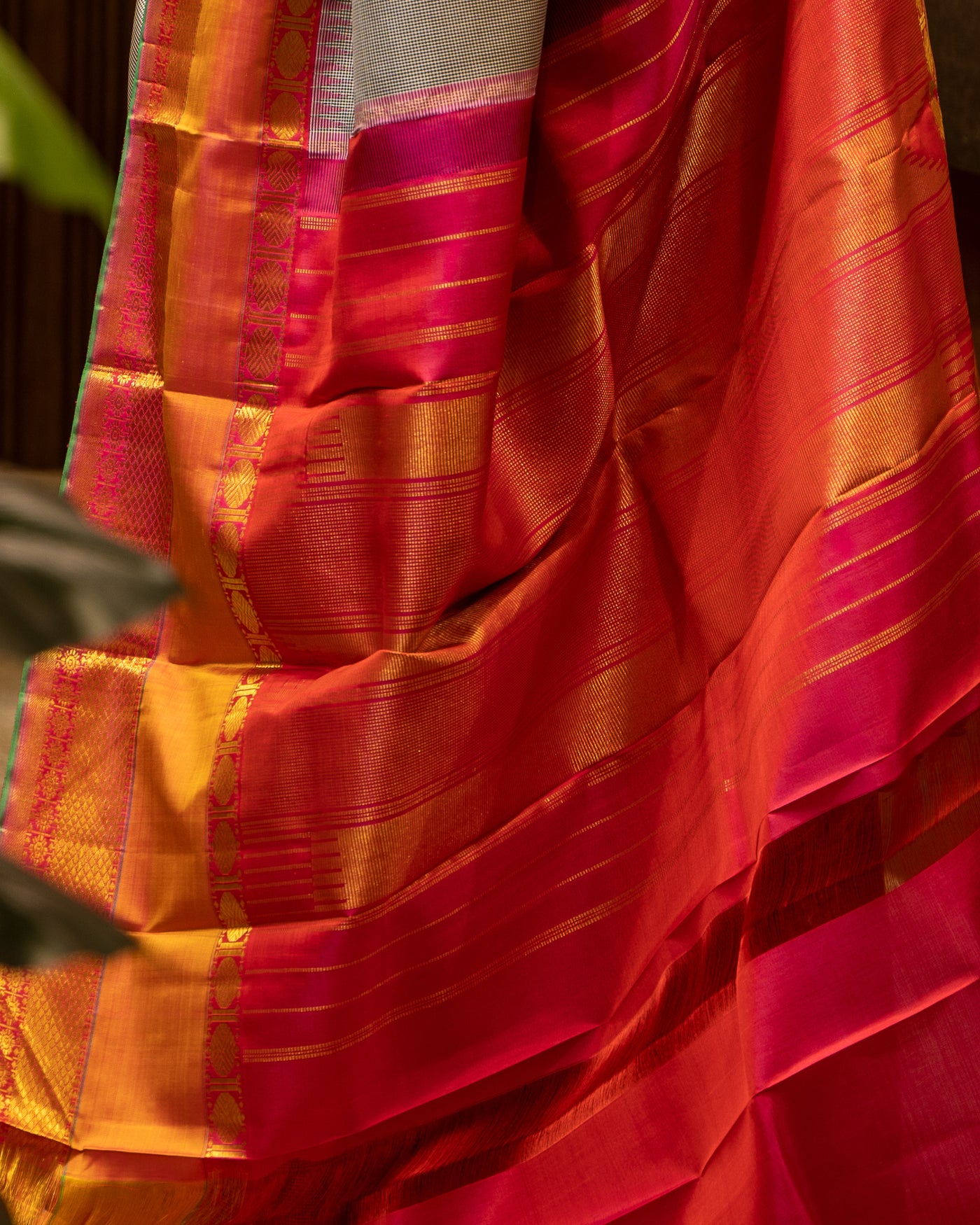 Black and Rust Orange Podikattam Rettai Pettu Pure Kanjivaram Silk Sari - Clio Silks