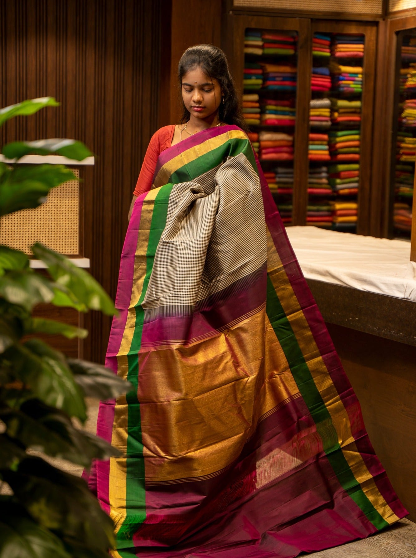 Black and White Podikattam Triple Border Pure Kanjivaram Silk Sari - Clio Silks