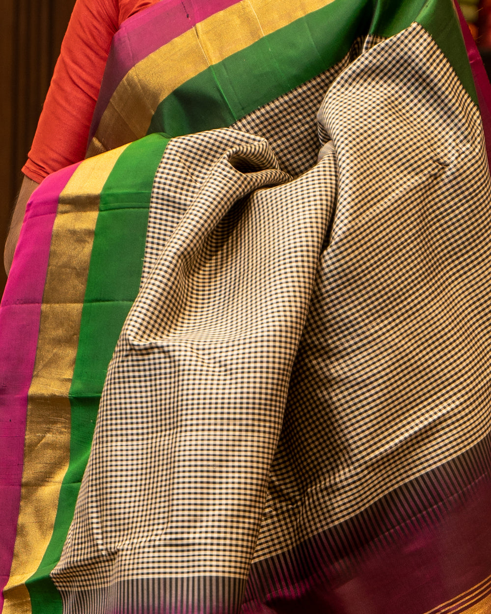 Black and White Podikattam Triple Border Pure Kanjivaram Silk Sari - Clio Silks