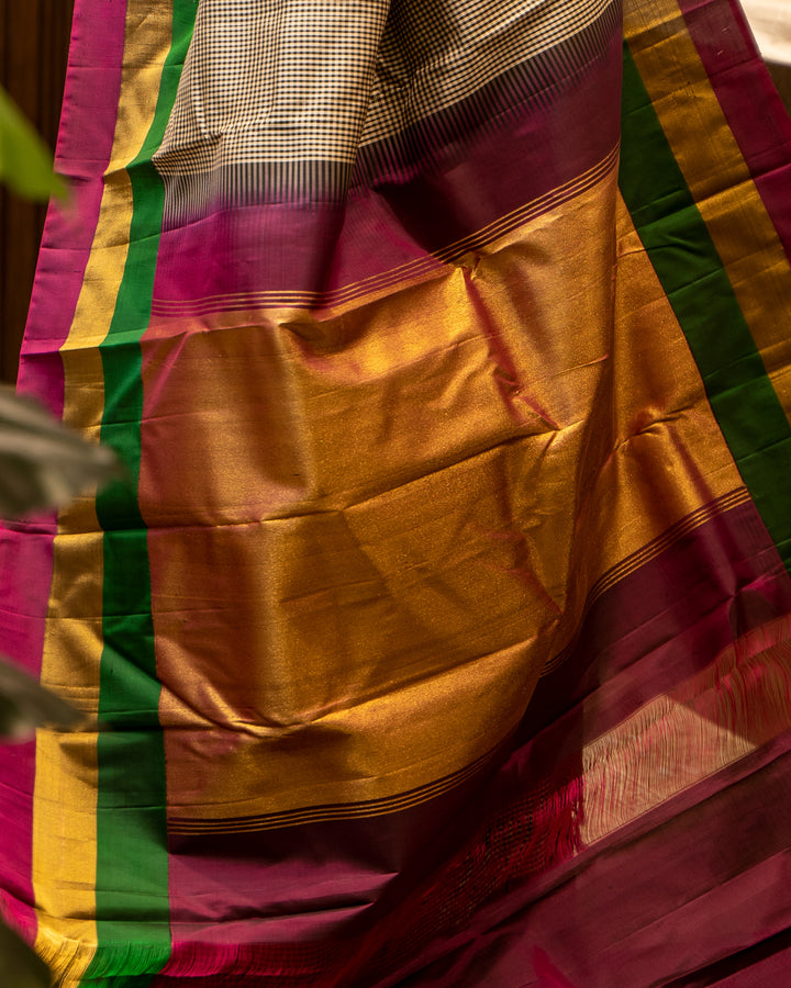 Black and White Podikattam Triple Border Pure Kanjivaram Silk Sari - Clio Silks