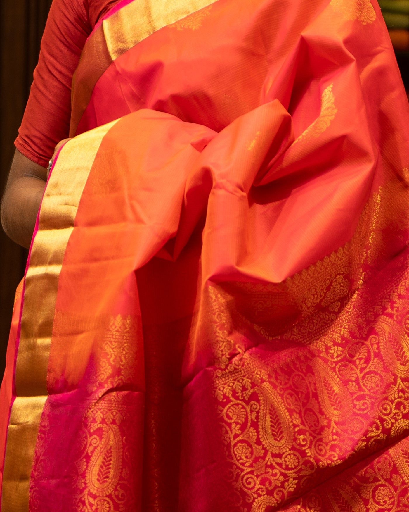 Peach Orange Thilakam Motifs Pure Kanjivaram Silk Sari - Clio Silks