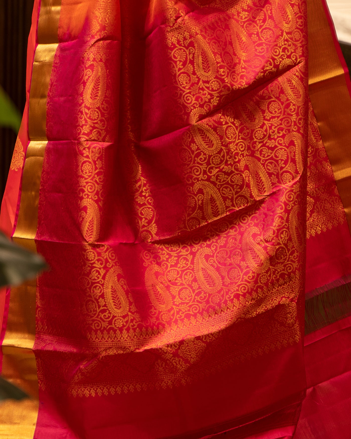 Peach Orange Thilakam Motifs Pure Kanjivaram Silk Sari - Clio Silks