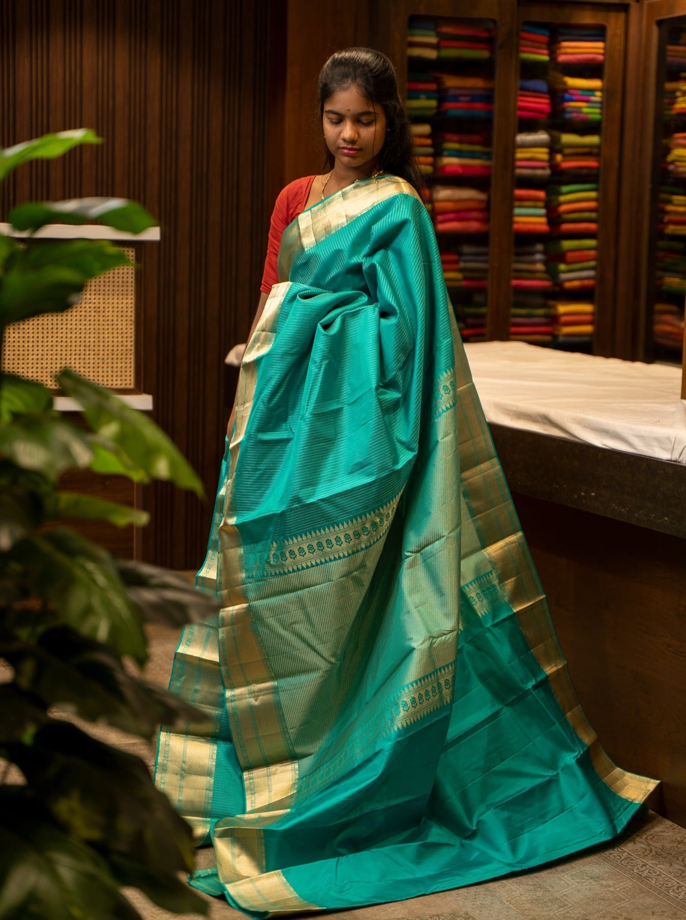 Teal Blue Zari Stripes Pure Silk Sari - Clio Silks