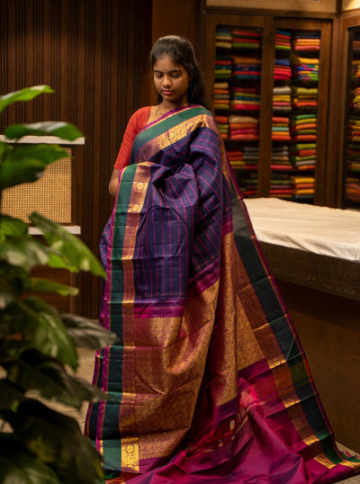 Navy Blue and Magenta Stripes Pure Kanjivaram Silk Sari - Clio Silks