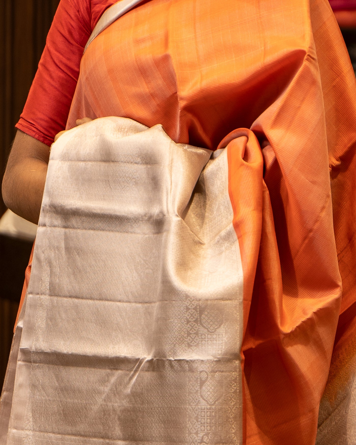 Peach and Grey Long Border Pure Silk Sari - Clio Silks