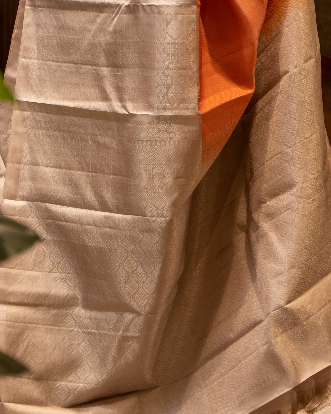 Peach and Grey Long Border Pure Silk Sari - Clio Silks