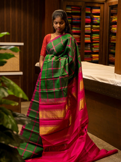 Bottle Green and Magenta Borderless Checks Pure Silk Sari - Clio Silks