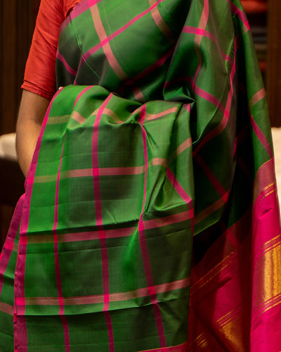 Bottle Green and Magenta Borderless Checks Pure Silk Sari - Clio Silks