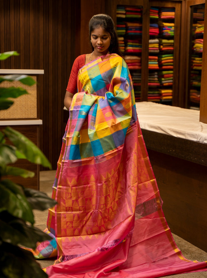 Yellow Blue and Pink Multi checks Pure Kanjivaram Silk Sari - Clio Silks