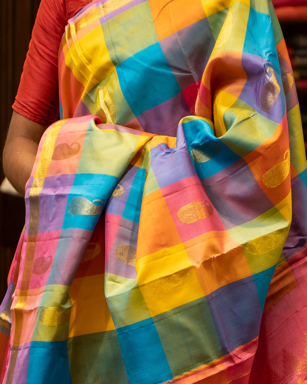 Yellow Blue and Pink Multi checks Pure Kanjivaram Silk Sari - Clio Silks