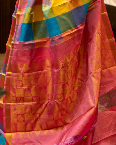 Yellow Blue and Pink Multi checks Pure Kanjivaram Silk Sari - Clio Silks
