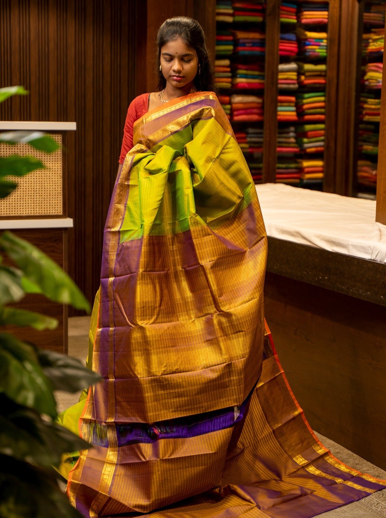 Sampanga Green and Purple Rettai Pettu Pure Kanjivaram Silk Sari - Clio Silks