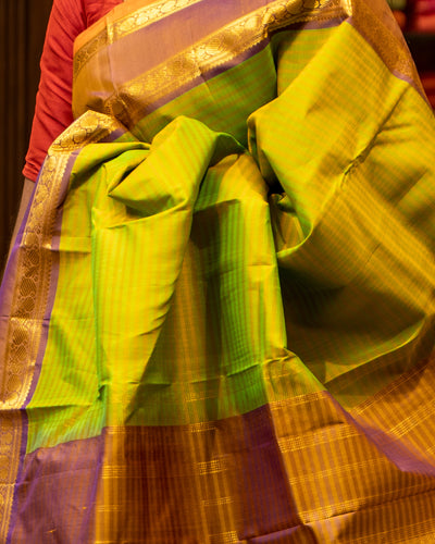 Sampanga Green and Purple Rettai Pettu Pure Kanjivaram Silk Sari - Clio Silks