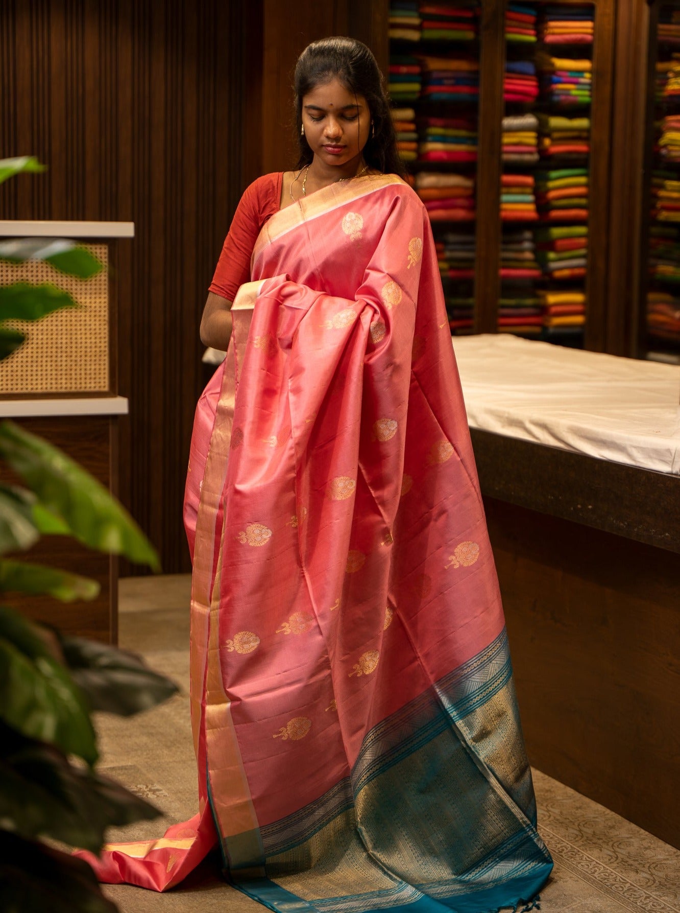 Baby Pink and Anandha Blue Floral motifs Pure Soft Silk Sari - Clio Silks