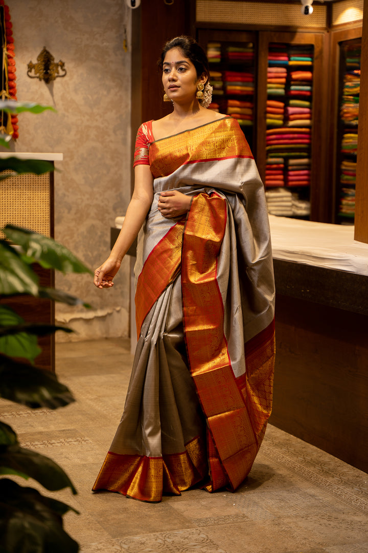 Grey and Red Traditional Korvai Pure Kanjivaram SIik Sari - Clio Silks