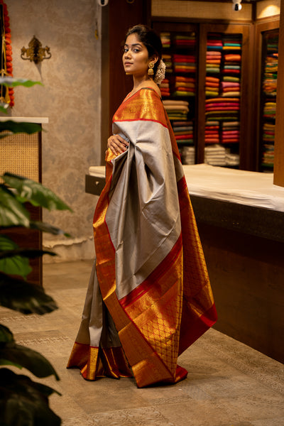 Grey and Red Traditional Korvai Pure Kanjivaram SIik Sari - Clio Silks