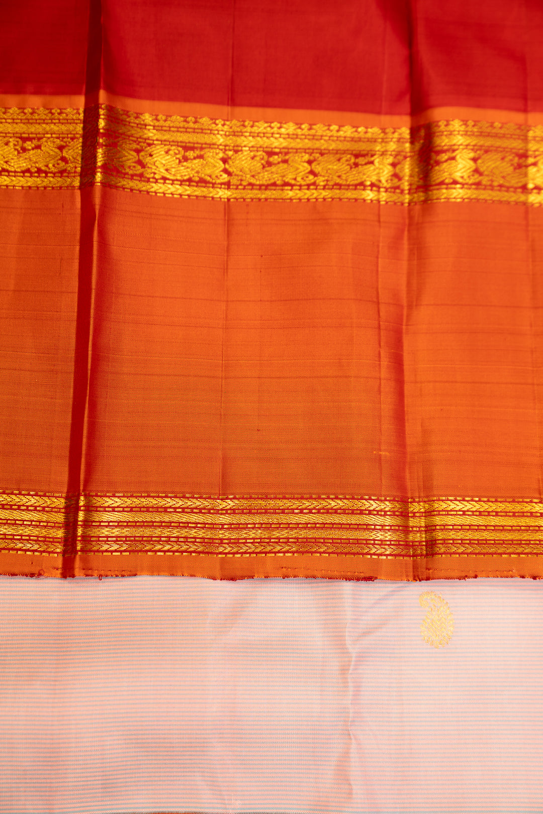 Lilac Peach and Beige Pastel Stripes Rettai Pettu Pure Kanjivaram Silk Sari - Clio Silks
