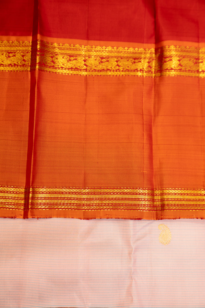 Lilac Peach and Beige Pastel Stripes Rettai Pettu Pure Kanjivaram Silk Sari - Clio Silks