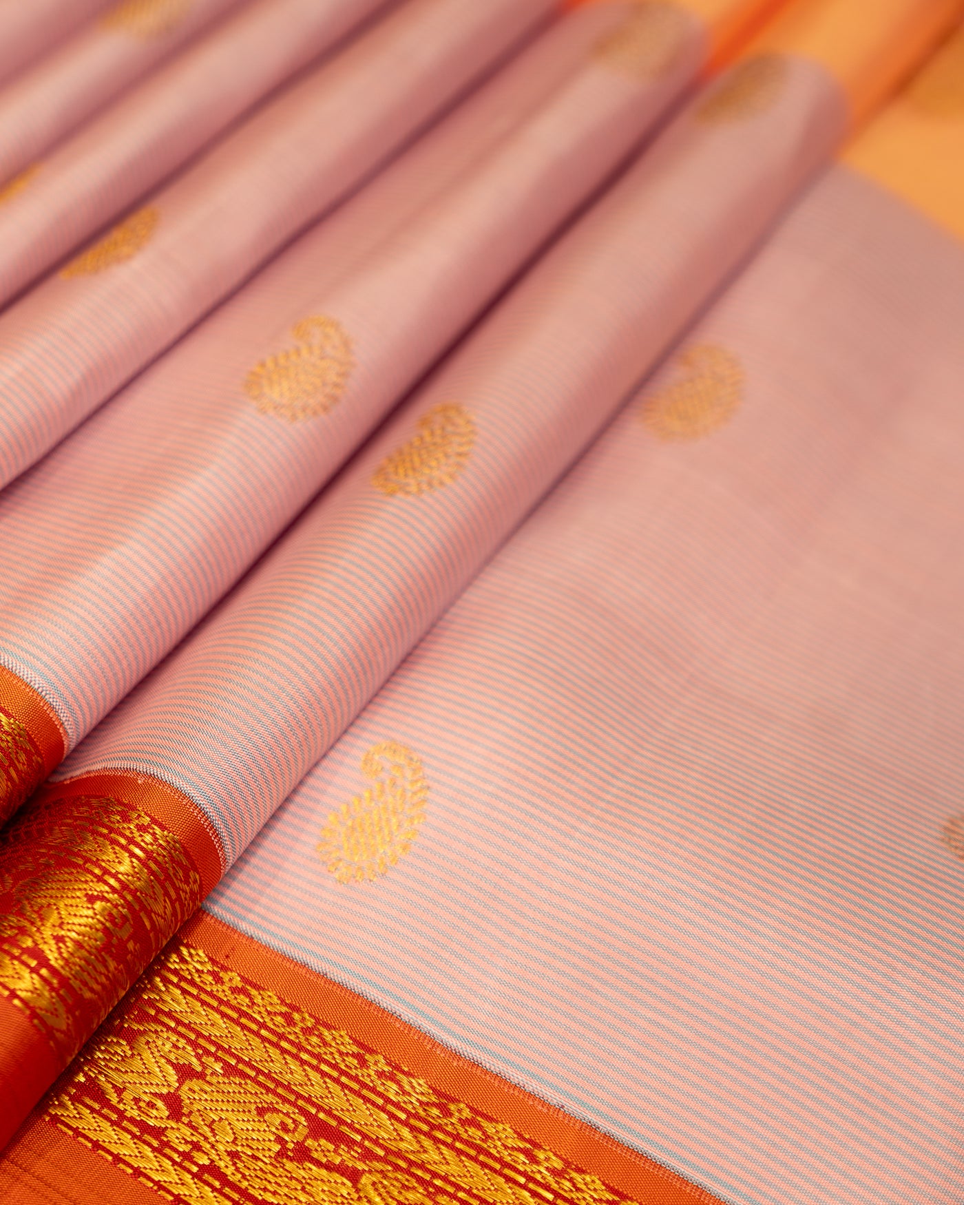Lilac Peach and Beige Pastel Stripes Rettai Pettu Pure Kanjivaram Silk Sari - Clio Silks