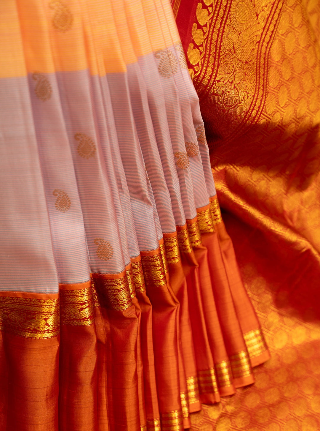 Lilac Peach and Beige Pastel Stripes Rettai Pettu Pure Kanjivaram Silk Sari - Clio Silks