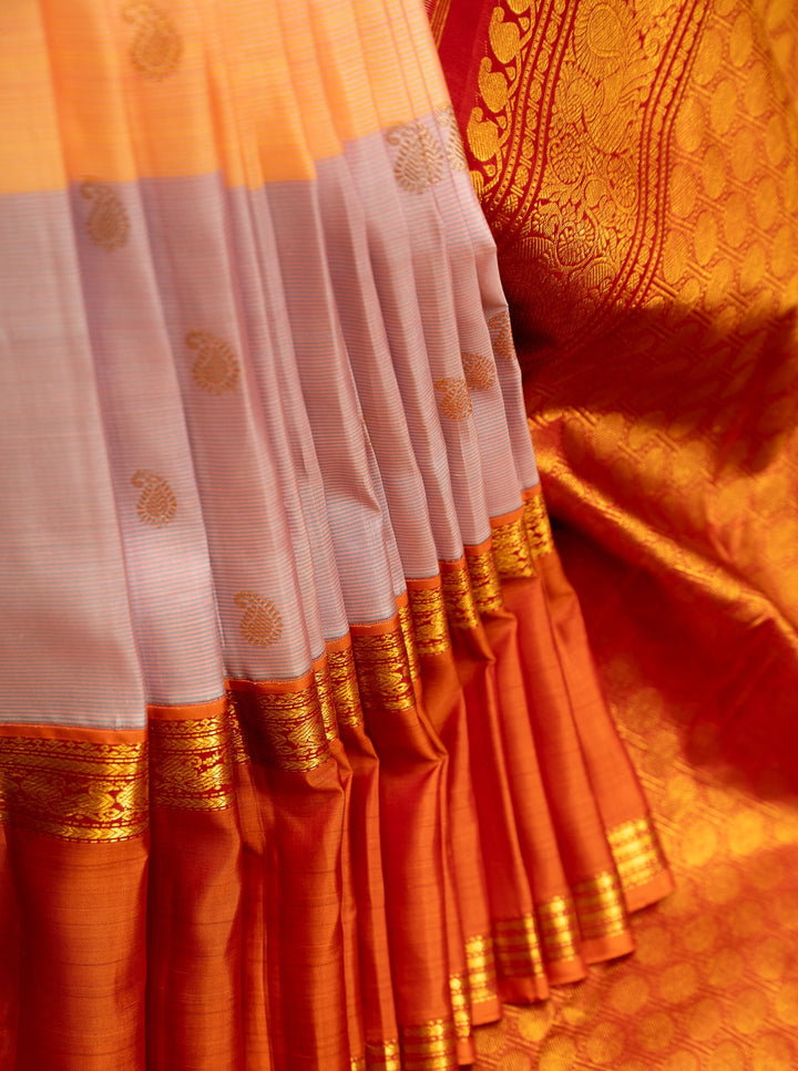 Lilac Peach and Beige Pastel Stripes Rettai Pettu Pure Kanjivaram Silk Sari - Clio Silks