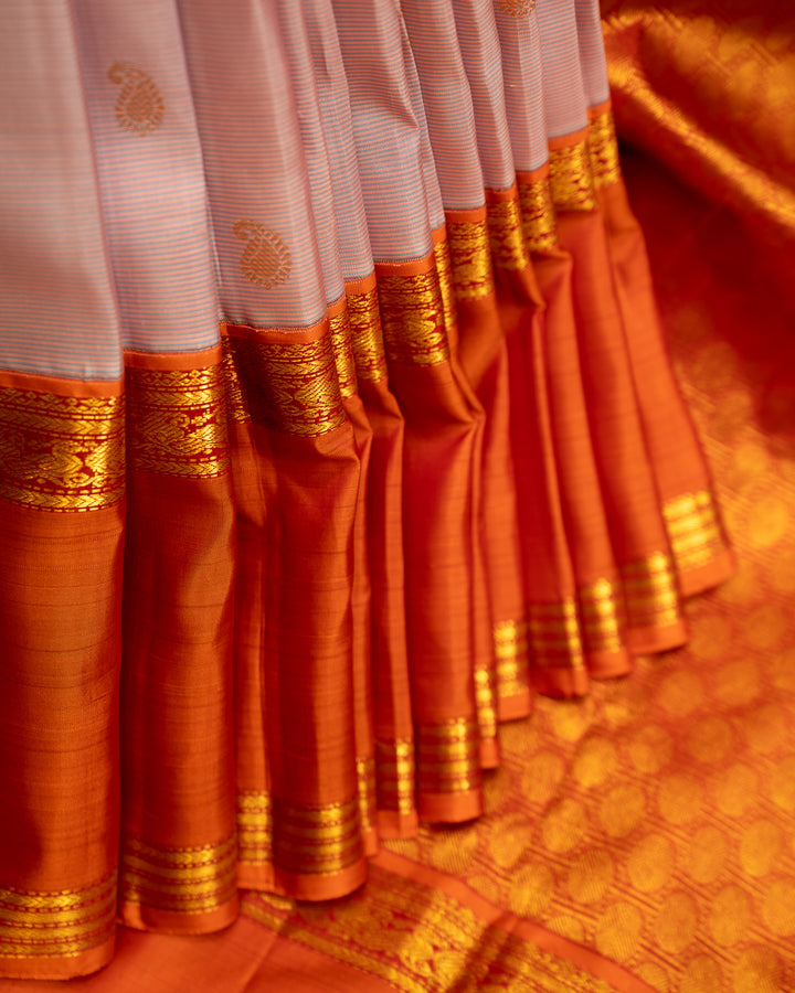 Lilac Peach and Beige Pastel Stripes Rettai Pettu Pure Kanjivaram Silk Sari - Clio Silks