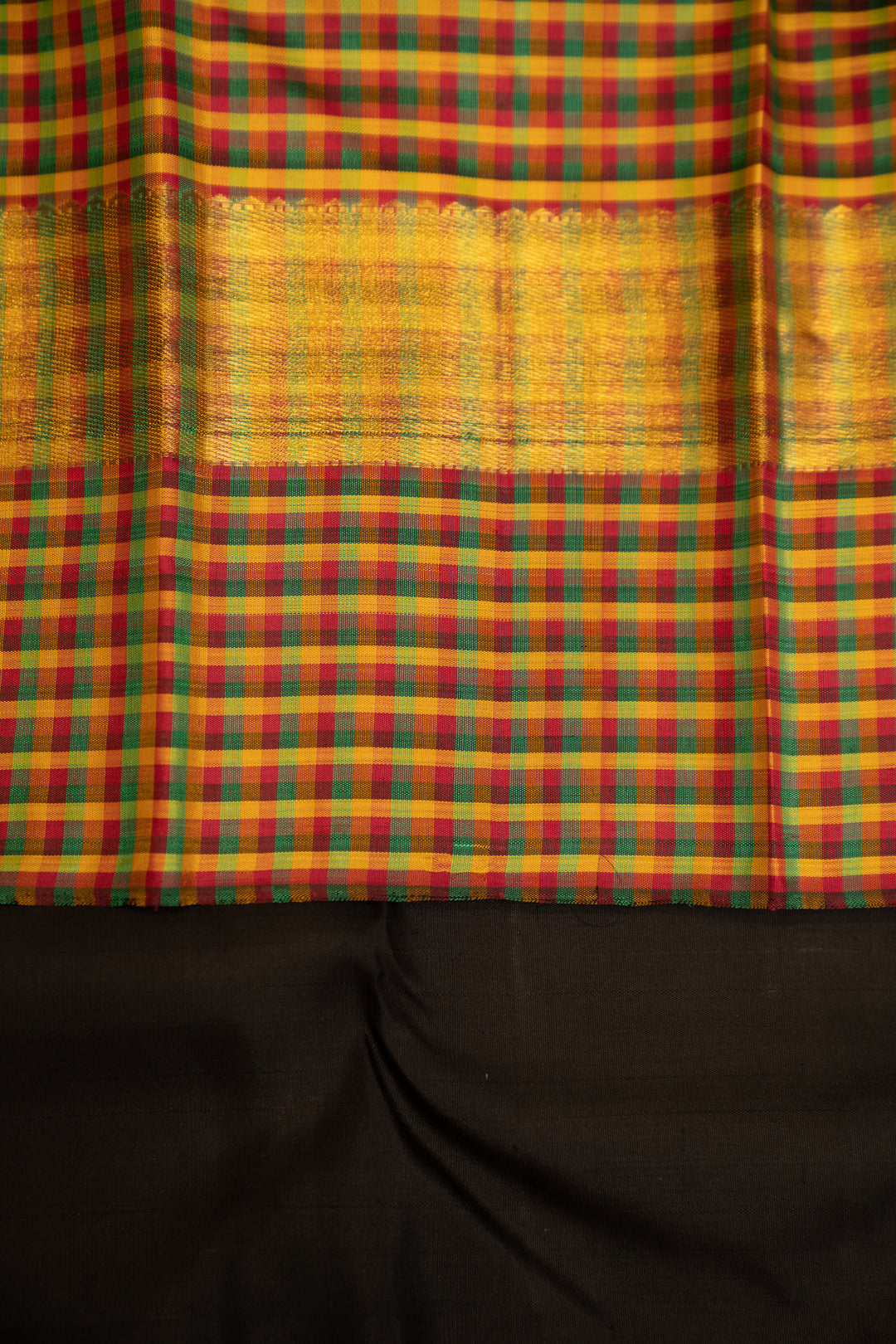 Black and Multi checks Kanjivaram Silk Sari - Clio Silks