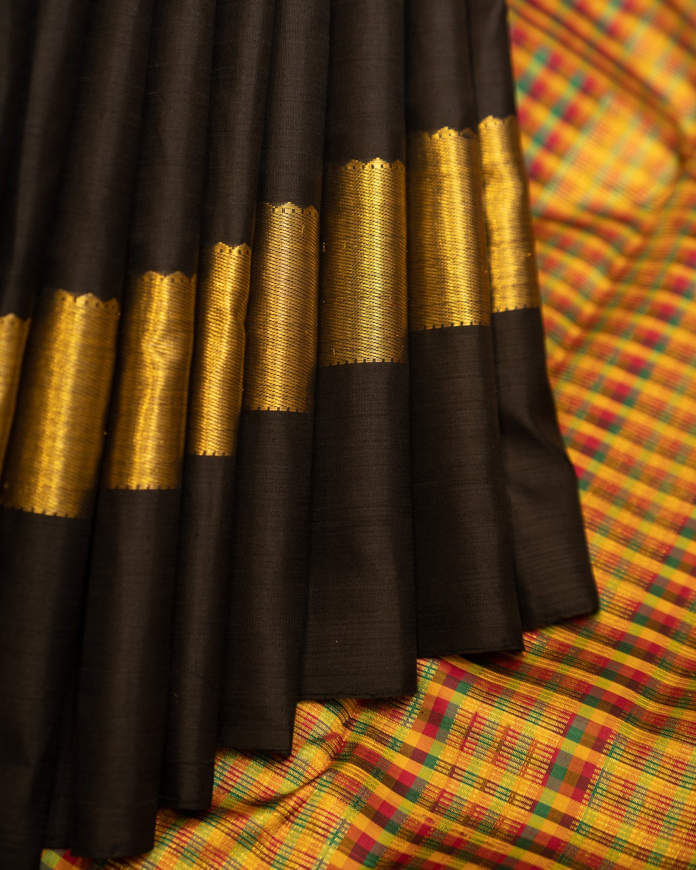 Black and Multi checks Kanjivaram Silk Sari - Clio Silks