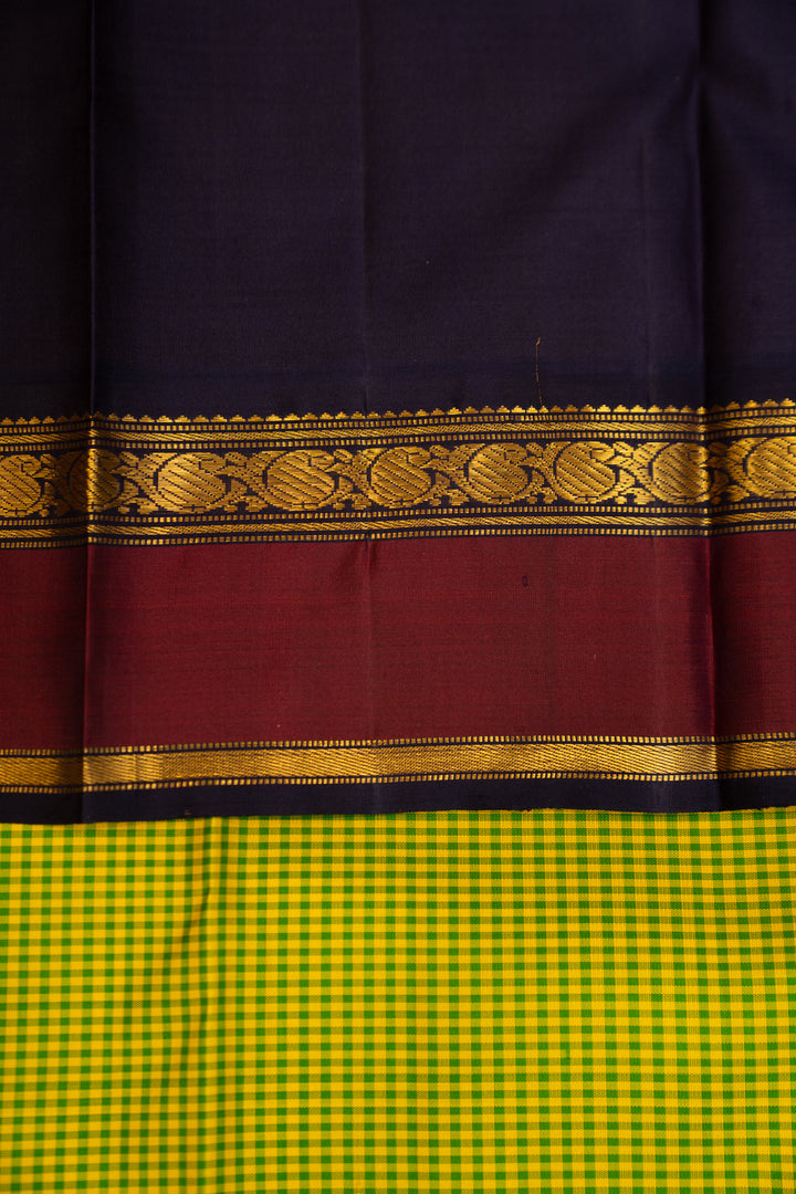 Lime Green and Navy Blue Podikattam Pure Kanjivaram Silk Sari - Clio Silks