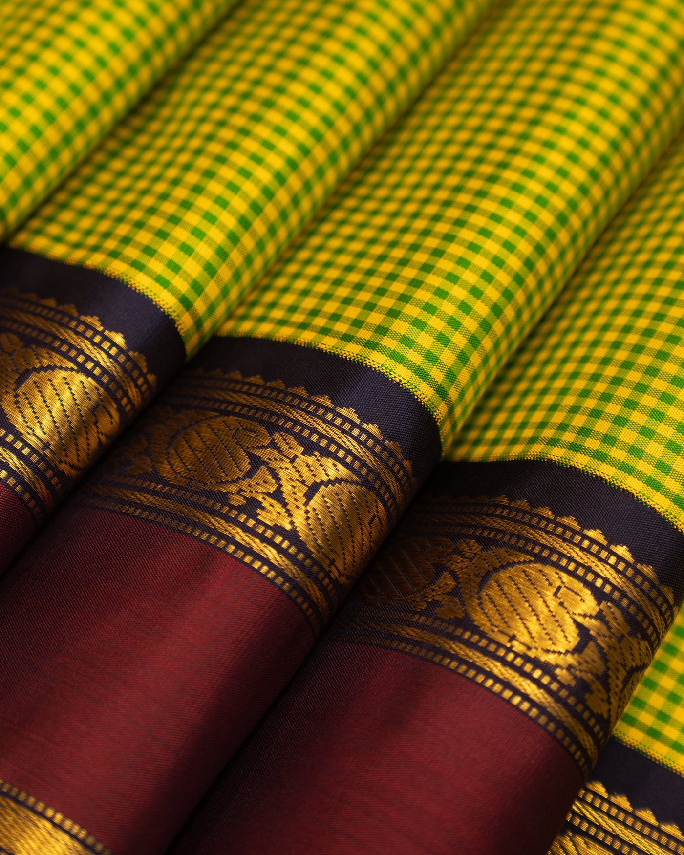 Lime Green and Navy Blue Podikattam Pure Kanjivaram Silk Sari - Clio Silks