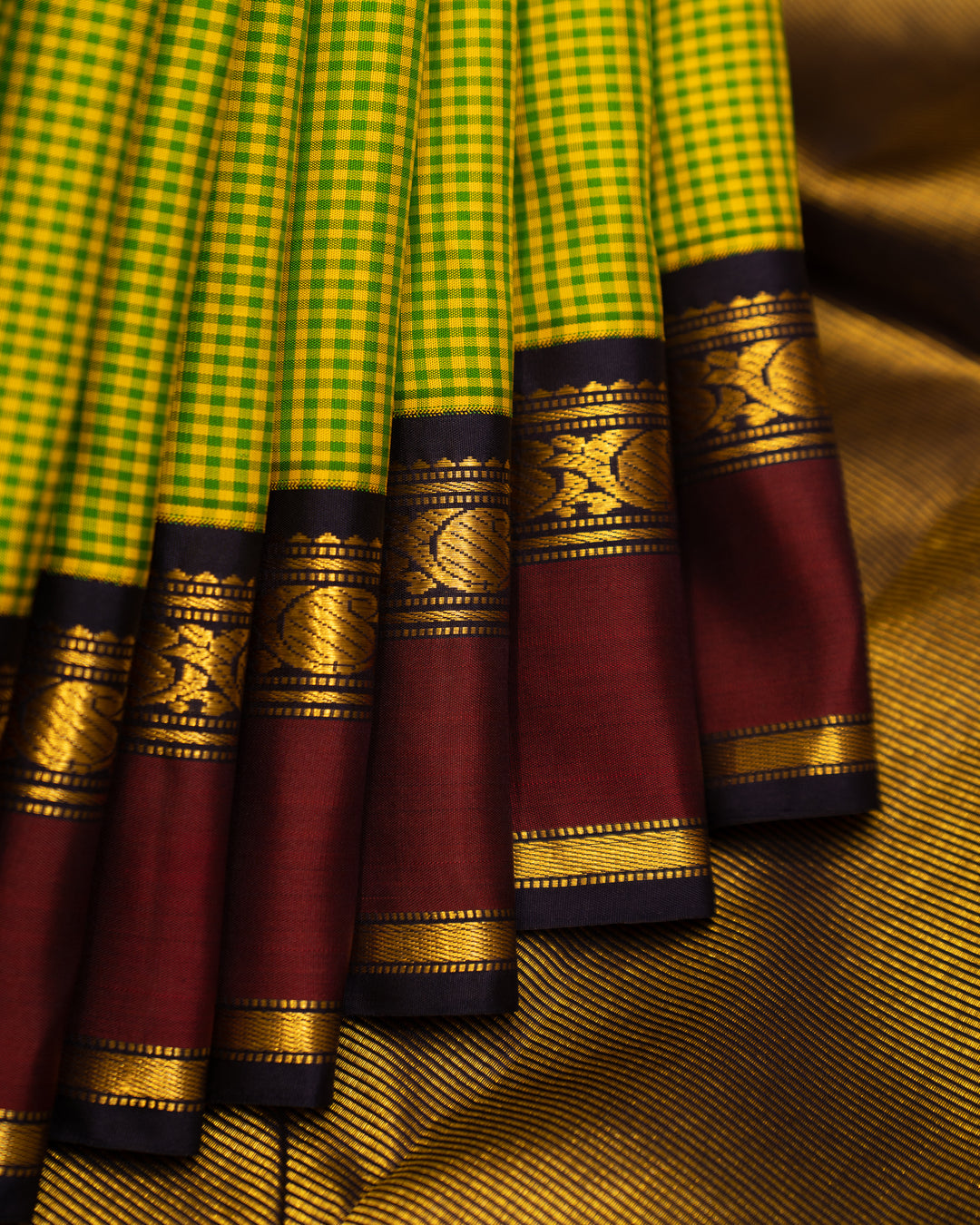 Lime Green and Navy Blue Podikattam Pure Kanjivaram Silk Sari - Clio Silks
