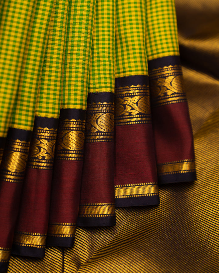Lime Green and Navy Blue Podikattam Pure Kanjivaram Silk Sari - Clio Silks