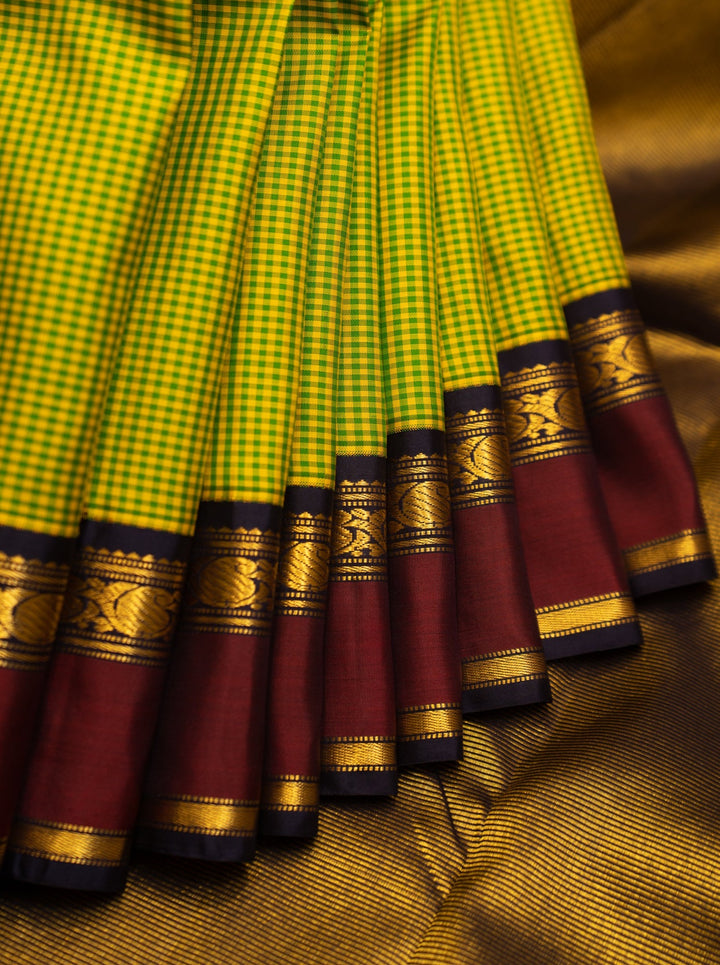 Lime Green and Navy Blue Podikattam Pure Kanjivaram Silk Sari - Clio Silks