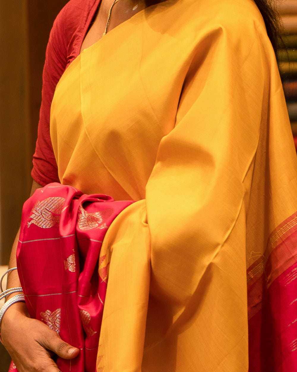 YELLOW AND PINK HALF AND HALF KORVAI PURE KANJIVARAM SILK SAREE - Clio Silks