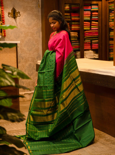 Magenta and Bottle Green Half and Half Kanjivaram Silk Sari - Clio Silks