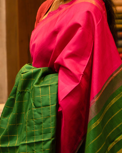 Magenta and Bottle Green Half and Half Kanjivaram Silk Sari - Clio Silks