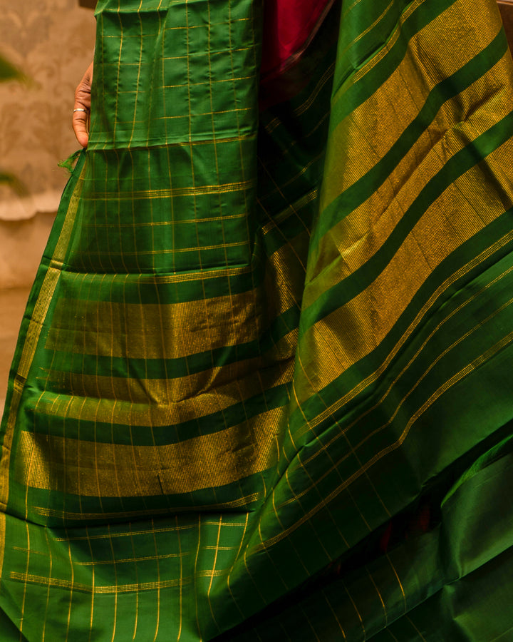Magenta and Bottle Green Half and Half Kanjivaram Silk Sari - Clio Silks