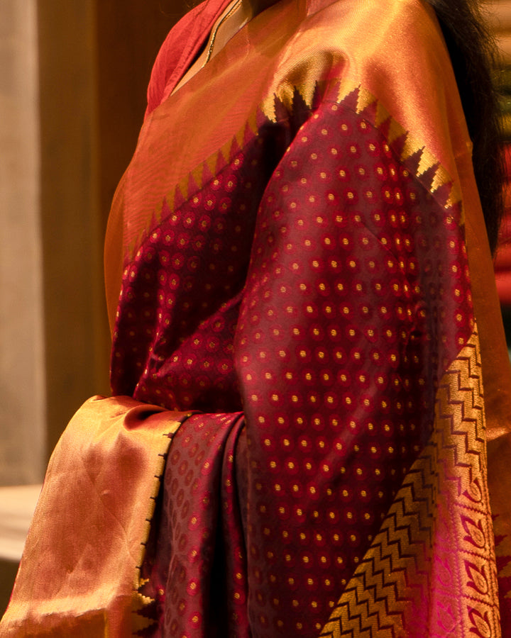 Maroon Zari Embossed Pure Kanjivaram Silk Sari - Clio Silks