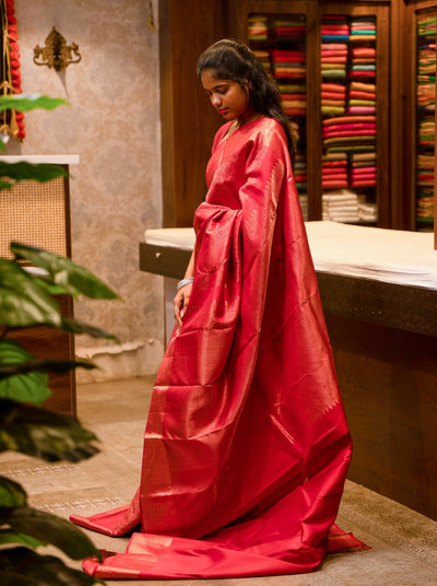 Ruby Red Floral Brocade Pure Kanjivaram Silk Sari - Clio Silks