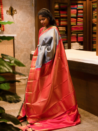 Grey and Red Brocade Kanjivaram Silk Sari - Clio Silks