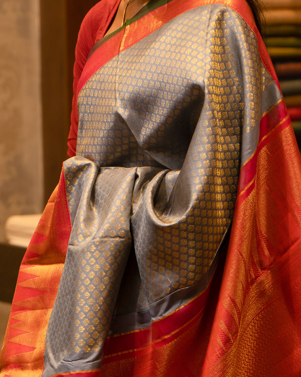 Grey and Red Brocade Kanjivaram Silk Sari - Clio Silks