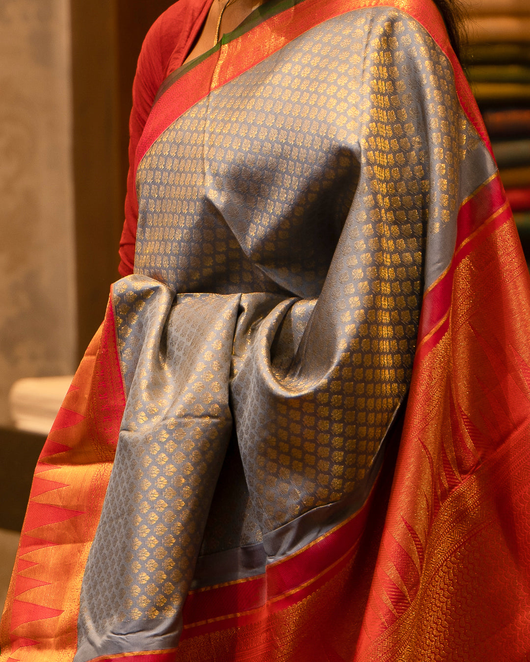 Grey and Red Brocade Kanjivaram Silk Sari - Clio Silks