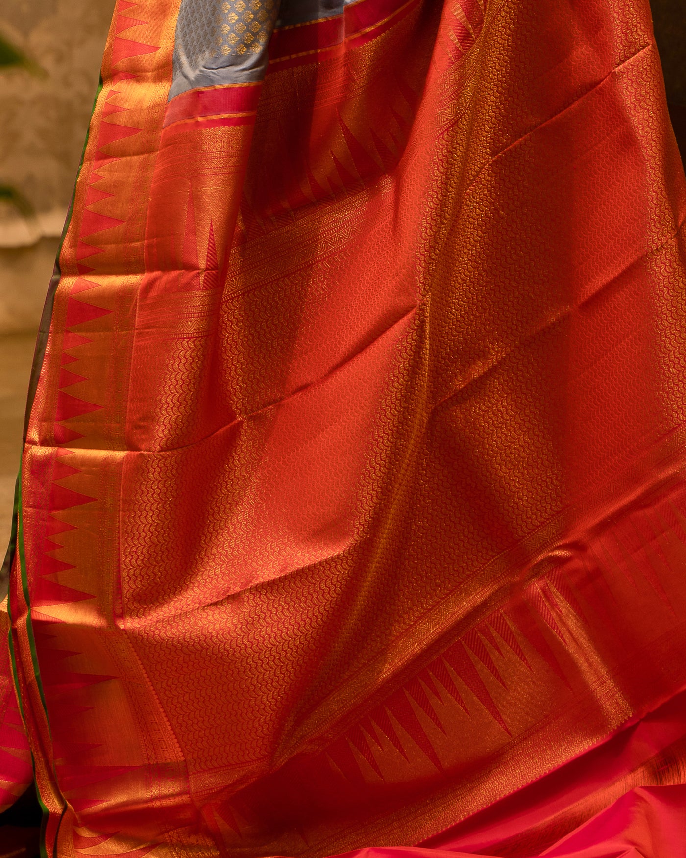 Grey and Red Brocade Kanjivaram Silk Sari - Clio Silks