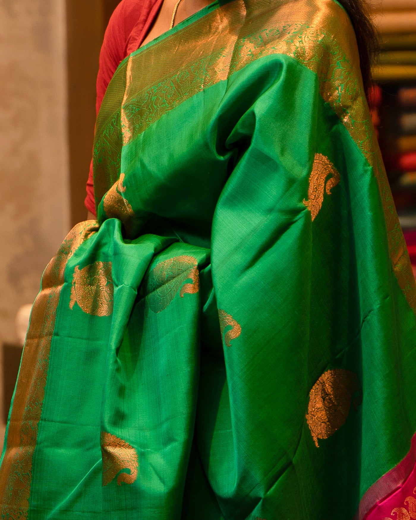 Parrot Green Paisley Pure Kanjivaram Silk Sari - Clio Silks