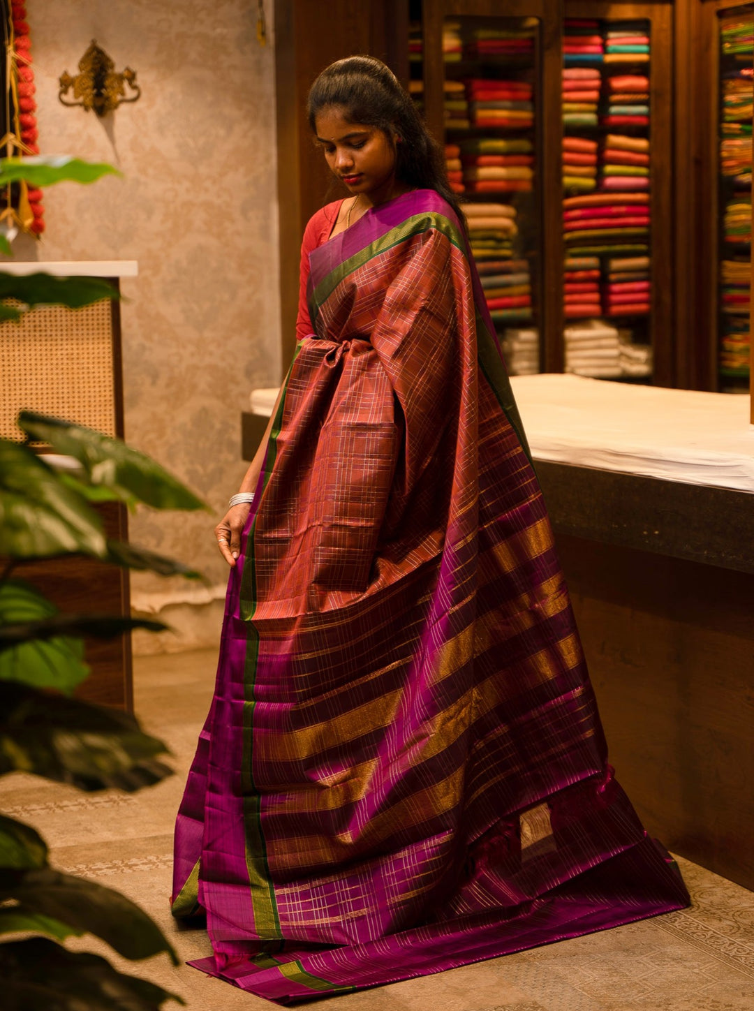 Rust Orange Mat Checks Pure Kanjivaram Silk Sari - Clio Silks