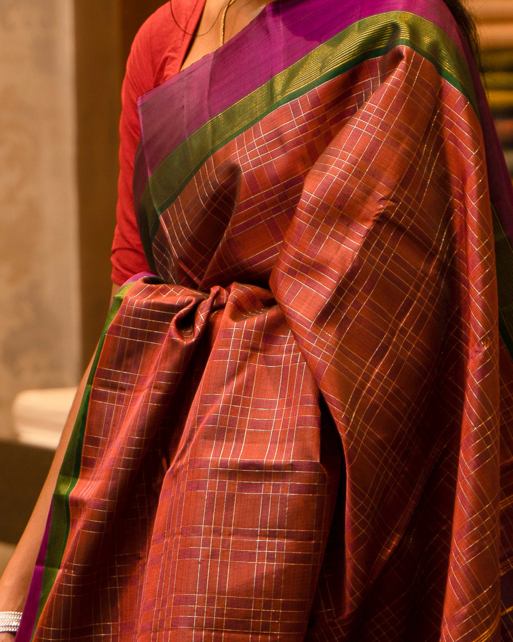 Rust Orange Mat Checks Pure Kanjivaram Silk Sari - Clio Silks