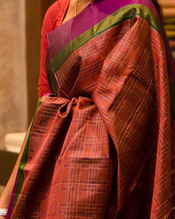 Rust Orange Mat Checks Pure Kanjivaram Silk Sari - Clio Silks